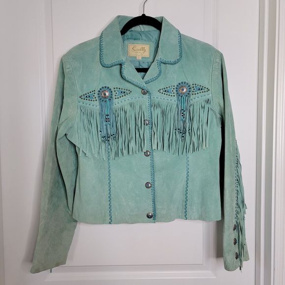 Women's SCULLY FRINGE & BEADED FAWN SUEDE LEATHER SHORT JACKET Snap Buttons LG - Picture 1 of 10